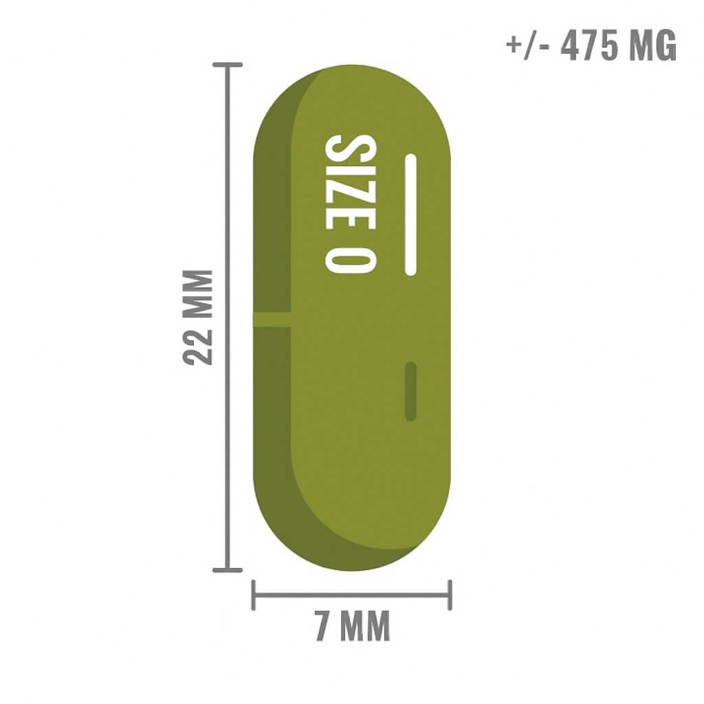 Illustratie van een ondoorzichtige groene capsule van maat 0, 22 mm lang en 7 mm breed, met een inhoud van ongeveer 475 mg.