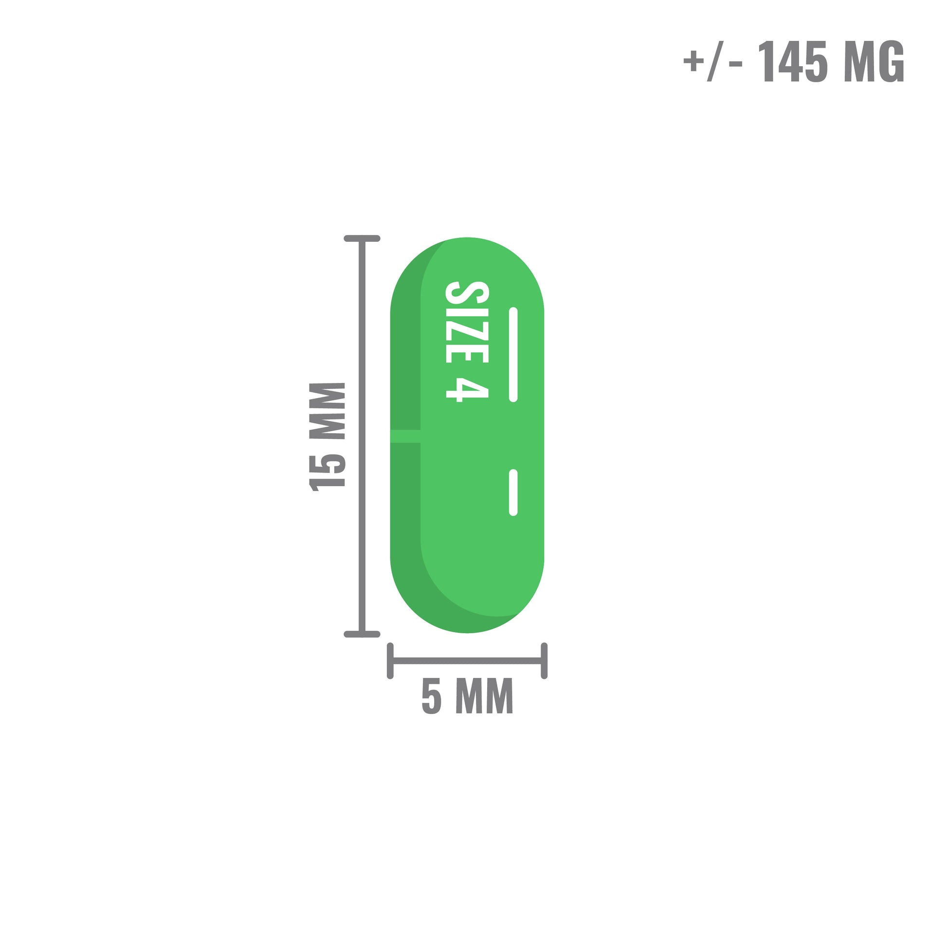Illustratie van een groene transparante capsule van maat 4, 15 mm lang en 5 mm breed, met een inhoud van ongeveer 145 mg.