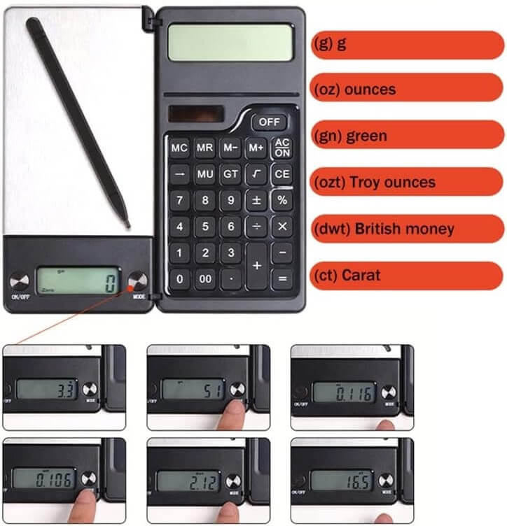 LCD-display pocketweegschaal met weegmodi g, oz, gn, ozt, dwt en ct