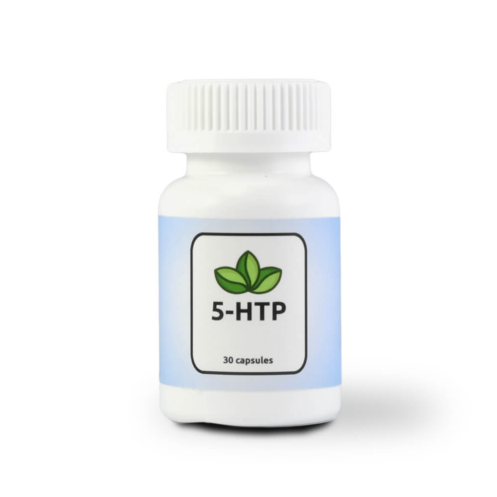 Wit supplementenpotje met 5-HTP – verpakking met 30 capsules