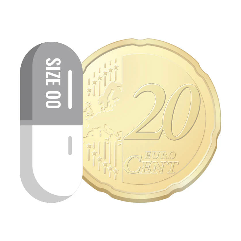 Lege capsule maat 00 naast 20 eurocent munt ter vergelijking van formaat