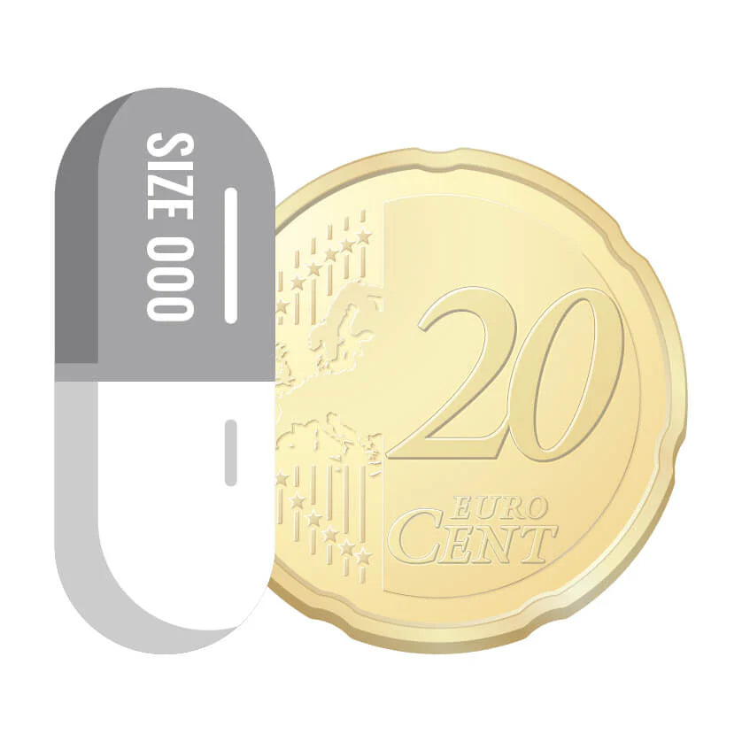 Lege capsule maat 000 naast 20 eurocent munt ter vergelijking van formaat