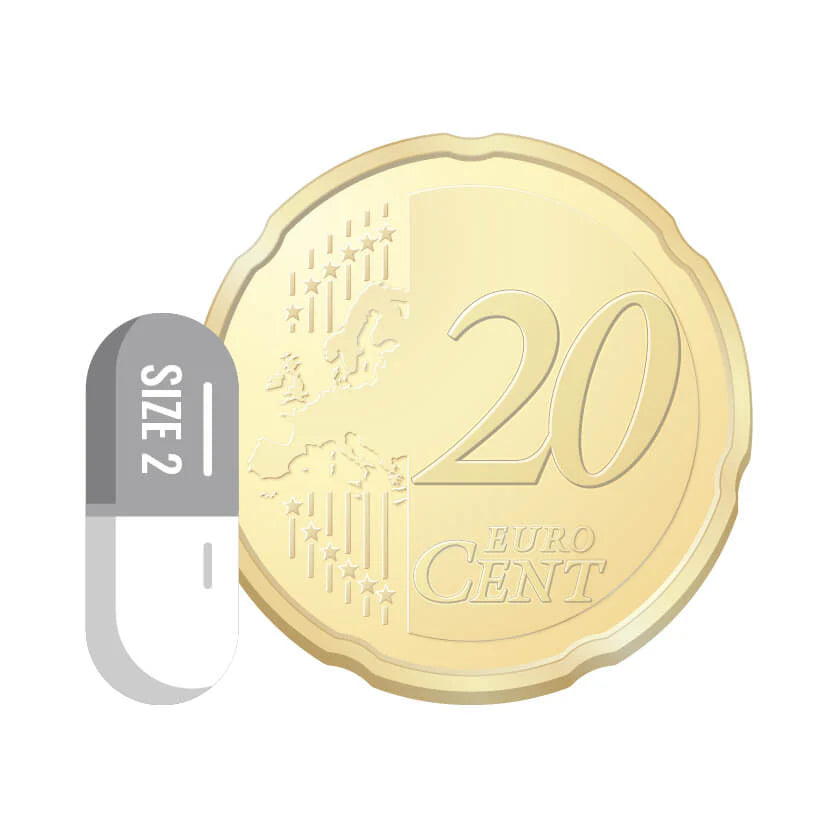 Transparante capsule maat 2 in vergelijking met 20 eurocent voor formaatinschatting