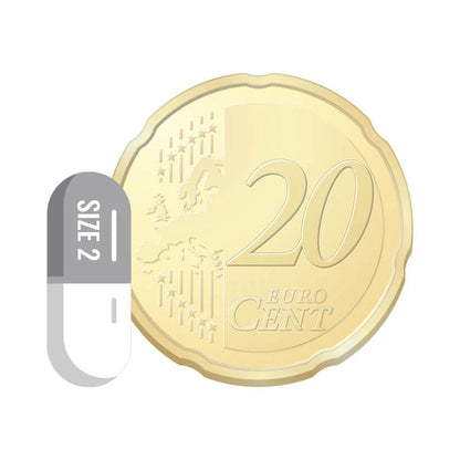 Transparante capsule maat 2 in vergelijking met 20 eurocent voor formaatinschatting