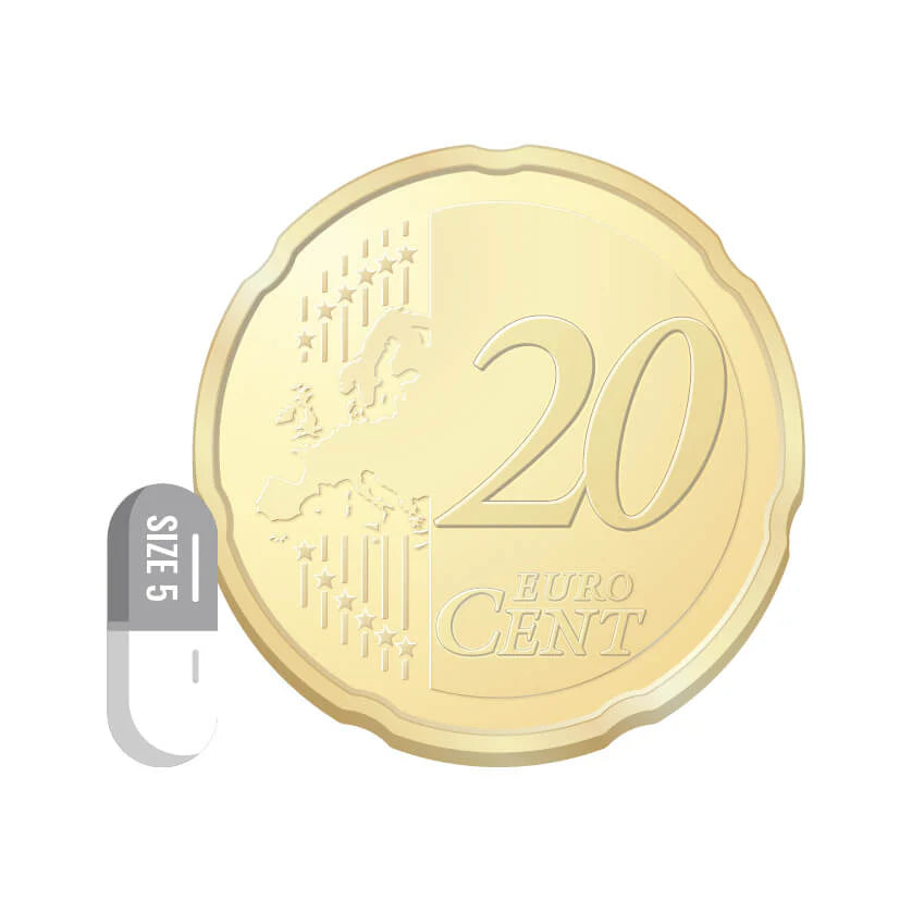 Capsule maat 5 leeg – visuele groottevergelijking met 20 eurocent munt