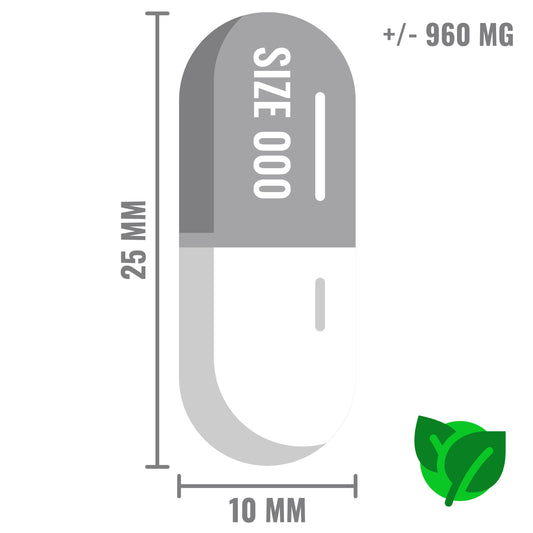 Illustratie van een veganistische capsule van maat 000, 25 mm lang en 10 mm breed, met een inhoud van ongeveer 960 mg.