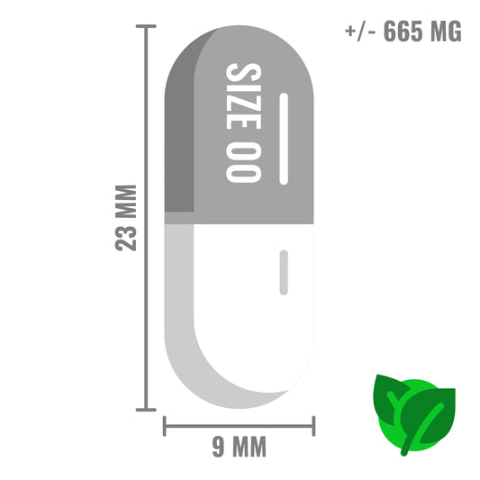 Illustratie van een veganistische capsule van maat 00, 23 mm lang en 9 mm breed, met een inhoud van ongeveer 665 mg.