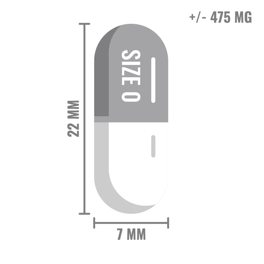 Illustratie van een transparante capsule van maat 0, 22 mm lang en 7 mm breed, met een inhoud van ongeveer 475 mg.