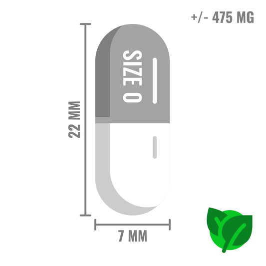 Illustratie van een veganistische capsule van maat 0, 22 mm lang en 7 mm breed, met een inhoud van ongeveer 475 mg.