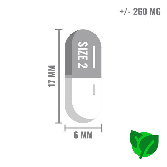 Illustratie van een veganistische capsule van maat 2, 17 mm lang en 6 mm breed, met een inhoud van ongeveer 260 mg.