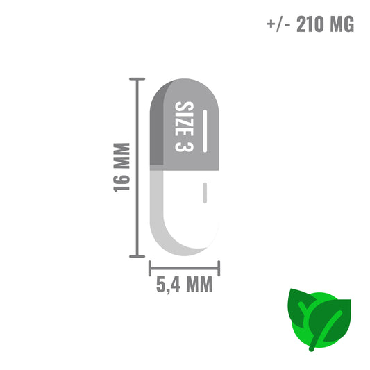 Illustratie van een veganistische capsule van maat 3, 16 mm lang en 5,4 mm breed, met een inhoud van ongeveer 210 mg.