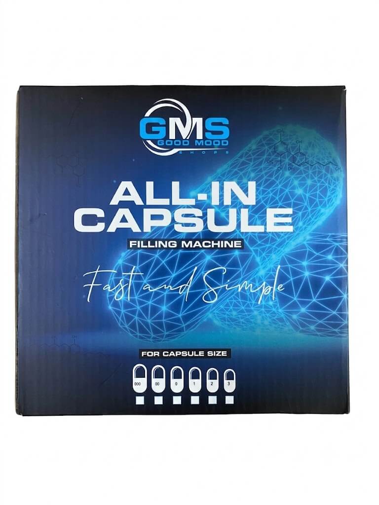 Verpakkingsdoos van de GMS All-In Capsule Filling Machine, geschikt voor capsulematen 000 t/m 5.


