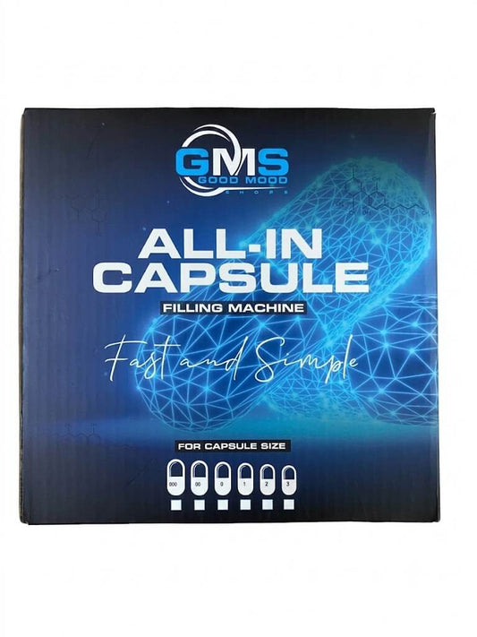 Verpakkingsdoos van de GMS All-In Capsule Filling Machine, geschikt voor capsulematen 000 t/m 5.

