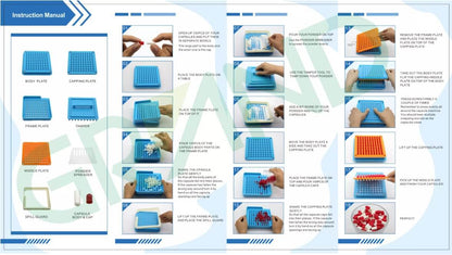 "Handleiding capsulemachine – stap-voor-stap uitleg met afbeeldingen van onderdelen en gebruik. Toont body plate, capping plate, frame plate, tamper, middle plate, powder spreader en capsulevulling."