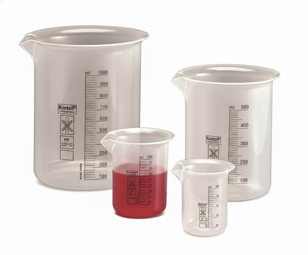 Set transparante kunststof maatbekers van polypropyleen met ml-verdeling en schenktuit, verkrijgbaar in diverse maten van 25 ml tot 1000 ml