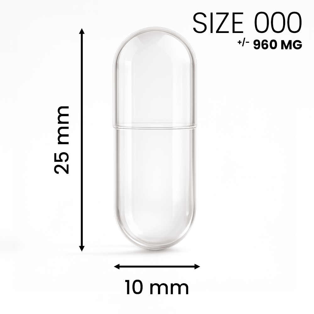 Lege capsule maat 000 transparant – extra grote capsule voor hoge doseringen poeder.