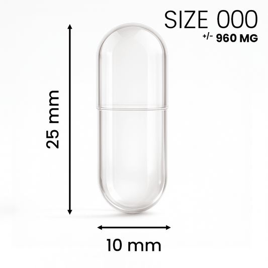 Lege capsule maat 000 transparant – extra grote capsule voor hoge doseringen poeder.
