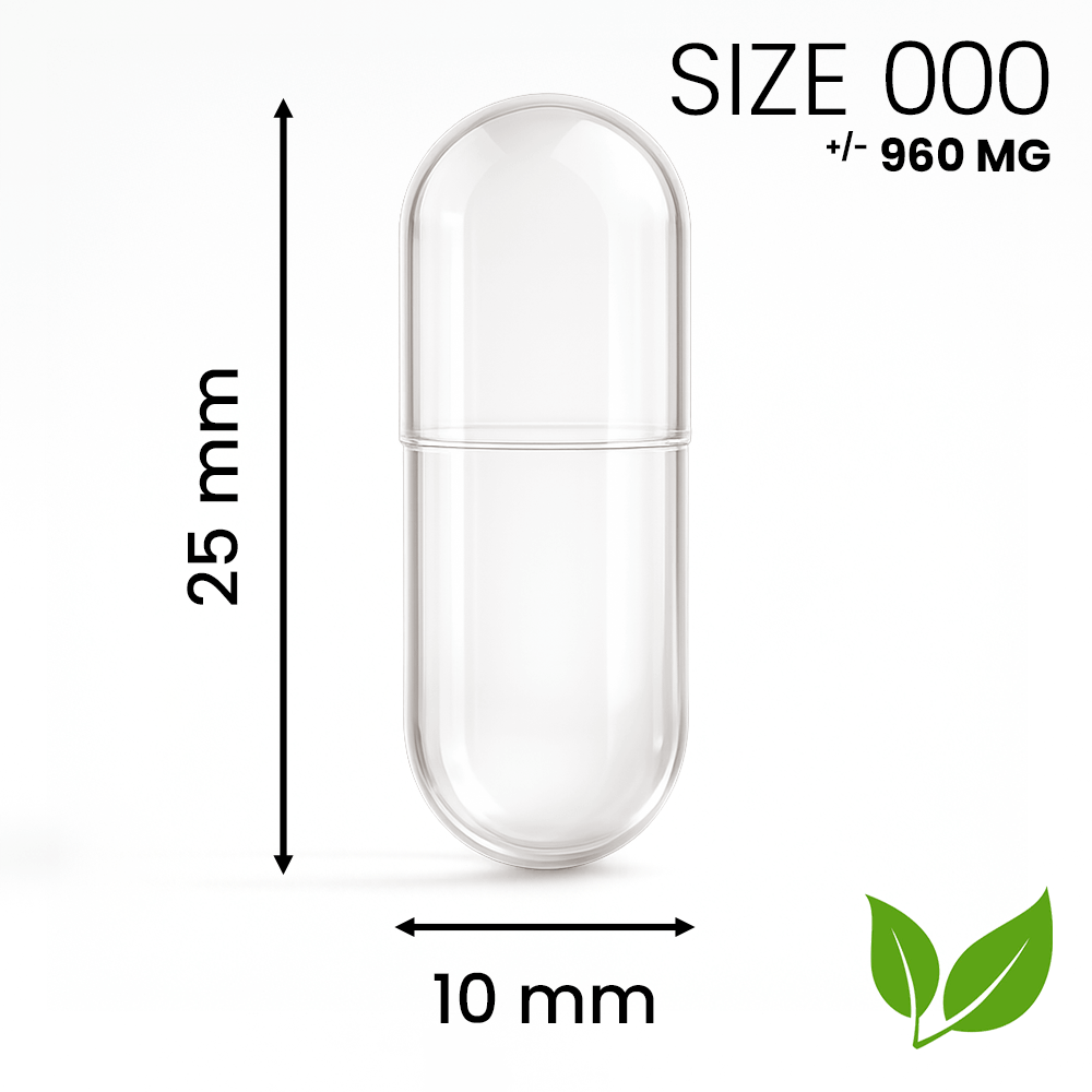 Grote lege capsule maat 000 van HPMC – geschikt voor maximaal gevulde supplementen. Vegetarisch.