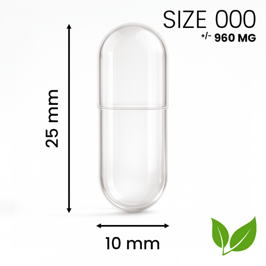 Grote lege capsule maat 000 van HPMC – geschikt voor maximaal gevulde supplementen. Vegetarisch.