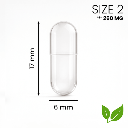 Vegetarische lege capsule maat 2 transparant – compacte HPMC capsule voor kleinere hoeveelheden