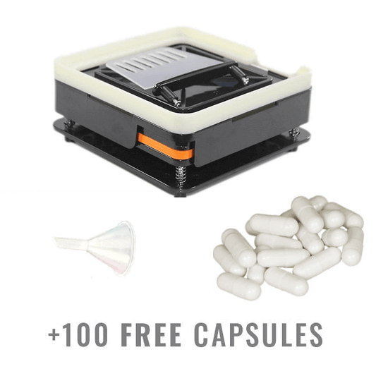 Capsulevulmachine met 100 gratis witte capsules en een mini-trechter. Deze set bevat een compacte capsulemaker voor het zelf vullen van capsules, samen met een trechter voor nauwkeurige vulling en dosering.