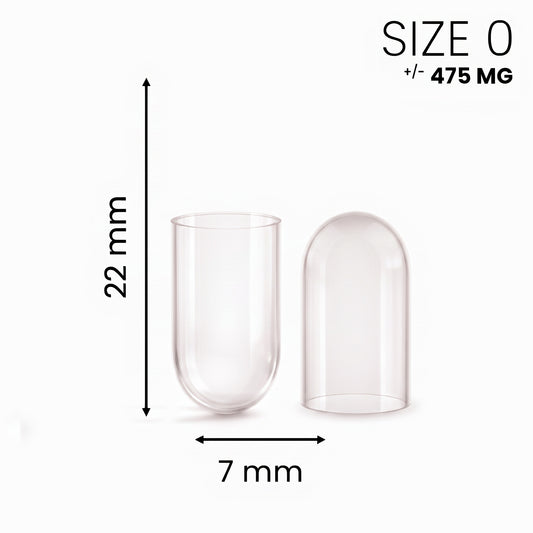 Gescheiden gelatine capsule maat 0 transparant, dop en bodem apart, 22 x 7 mm