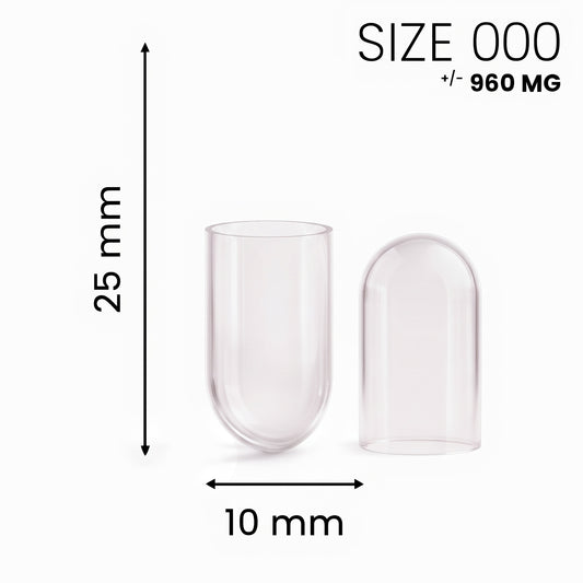 Gescheiden gelatine capsule maat 000 transparant, dop en bodem apart, 25 x 10 mm